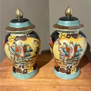 Vintage Asian Ceramic Jars with Lids (set of 2)